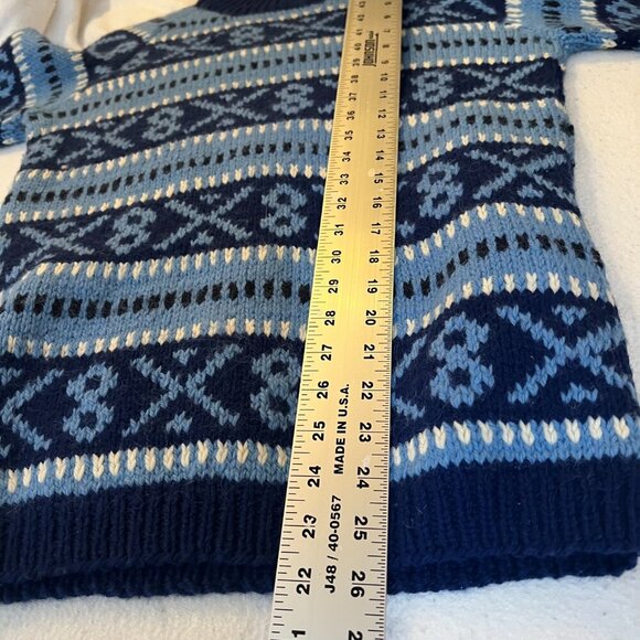 Lambswool Vtg Chilean Sweater Blue Fair Isle Hand Knit Ski Aztec Tribal Sz Small - Picture 7 of 7